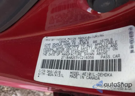 1997 Toyota Corolla Std из США, поврежденный, VIN 2T1BA02E5VC216356